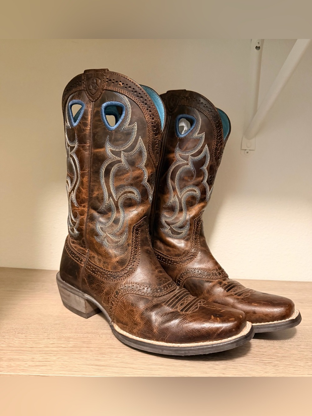 Women’s Ariat Brown Leather Western Heeled Boots with Blue Trim